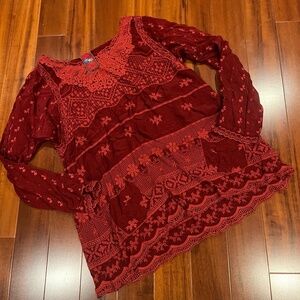 Johnny Was Red Top Tunic Blouse Long Sleeve Embroidered Boho Scalloped Hem Small
